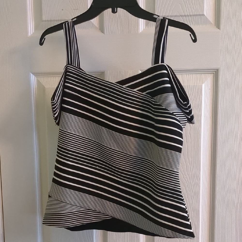 New York & Company Black and White Striped Cold Shoulder Blouse
